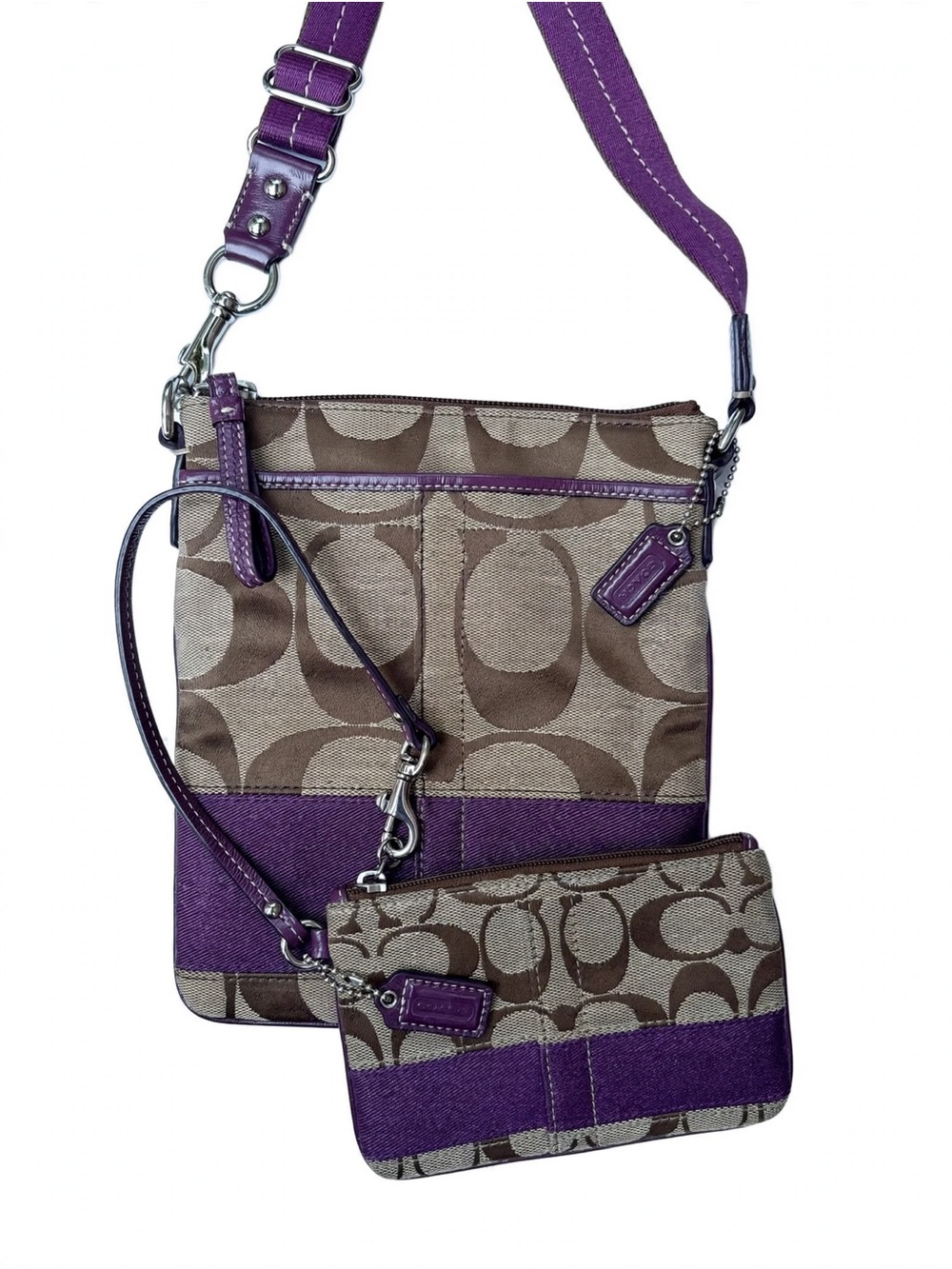 Coach Brown Signature Canvas Crossbody with Purple Trim and Wristlet